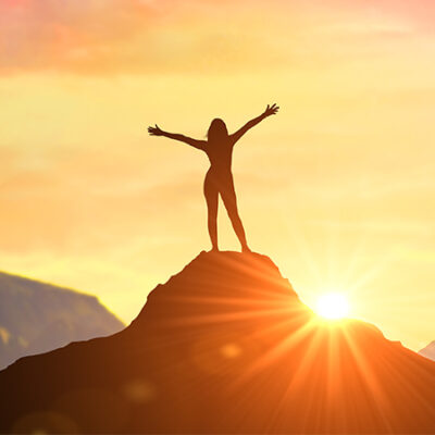 Success Business Leadership, Winner on top. Success. Silhouette woman at peak of mountains. Successfully achieving your goal. Successful person has achieving new peak